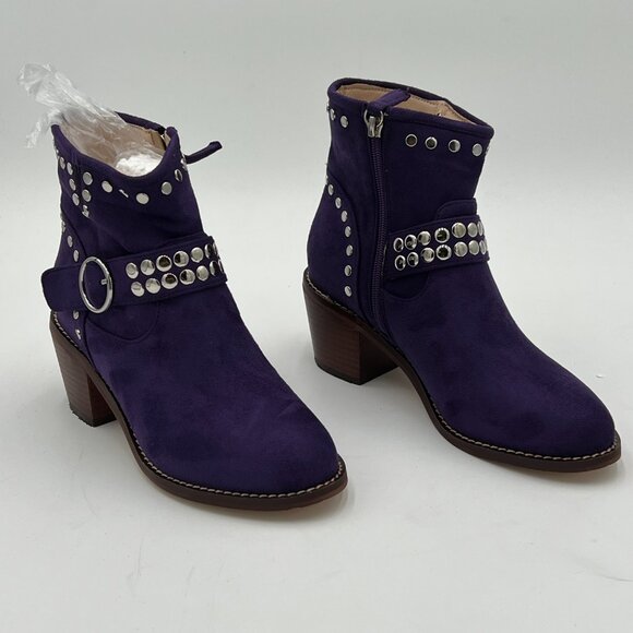 FOWT Purple V Cut Cowgirl Metal Rivet Studded Slide Zipper Block Heel Ankle Boot - Picture 4 of 6